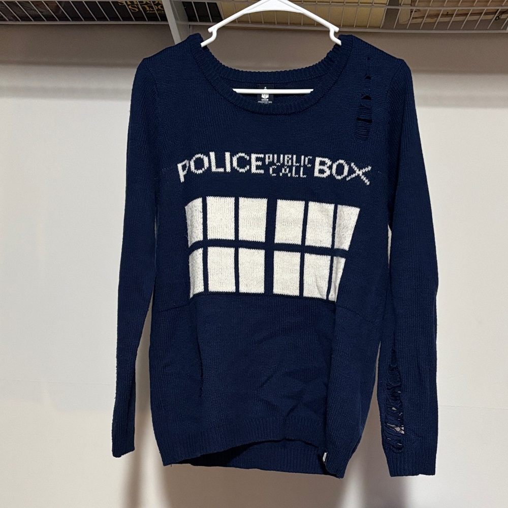 Doctor Who Police Box Distressed Sweater, Size M